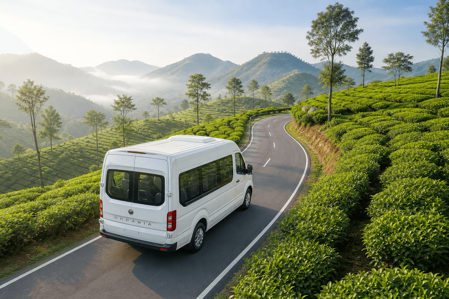 Urbania driving through tea plantations in the South Indian hills